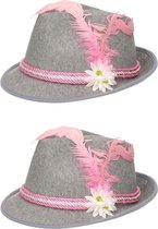2x chapeau tyrolien gris / rose avec plume et fleur pour femme - chapeaux de fête Oktoberfest / bière - chapeau alpin / chapeau de chasseur