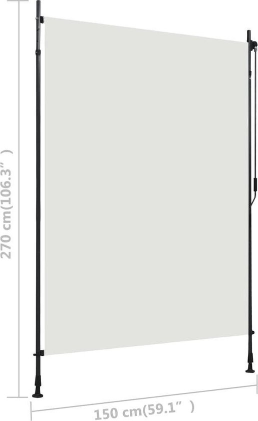 Store enrouleur crème sur supports foncés, avec dimensions 150x270 cm.