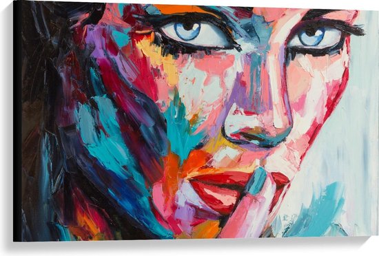 Canvas  - Geschilderde Vrouw met veel Kleuren - 90x60cm Foto op Canvas Schilderij (Wanddecoratie op Canvas)