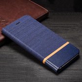 Voor LG G7 ThinQ Canvas Driekleurige stiksels Zakelijke horizontale flip lederen tas met houder en kaartsleuf (blauw)