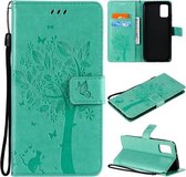 Voor Samsung Galaxy A02s Tree & Cat Pattern Pressed Printing Horizontale Flip PU lederen tas met houder & kaartsleuven & portemonnee & lanyard (groen)