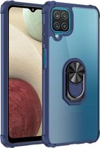 Voor Samsung Galaxy A12 schokbestendig transparant TPU + acryl beschermhoes met ringhouder (blauw)