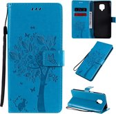 Voor Xiaomi Redmi Note 9 Pro Tree & Cat reliÃ«fpatroon Horizontale flip lederen tas met houder & kaartsleuven & portemonnee & lanyard (blauw)