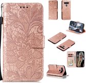 Voor LG K51S Kant Bloem Horizontale Flip Leren Case met Houder & Kaartsleuven & Portemonnee & Fotolijst (Rose Goud)