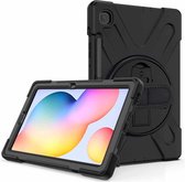 Voor Samsung Galaxy Tab S6 Lite P610 schokbestendig, kleurrijk siliconen + pc-beschermhoes met houder en schouderriem en polsriempje & pensleuf (zwart)