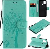 Voor Samsung Galaxy A21s Tree & Cat reliÃ«fpatroon Horizontale flip lederen tas met houder & kaartsleuven & portemonnee & draagkoord (groen)
