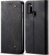 Voor Samsung Galaxy A21s denim textuur casual stijl horizontale flip lederen tas met houder en kaartsleuven en portemonnee (zwart)