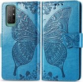 Voor Huawei Honor 30S Butterfly Love Flower Reliëf Horizontale Flip Leren Case met Beugel / Kaartsleuf / Portemonnee / Lanyard (Blauw)