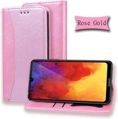 Voor Huawei Y6 (2019) Zakelijke stiksels Horizontale flip lederen hoes met dubbele vouw & beugel & kaartsleuven & fotolijst & portemonnee (roségoud)