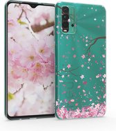 kwmobile telefoonhoesje voor Xiaomi Redmi 9T - Hoesje voor smartphone in poederroze / donkerbruin / transparant - Kersenbloesembladeren design