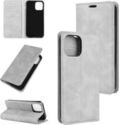 Voor iPhone 12 Retro-skin Business magnetische zuignap lederen tas met houder & kaartsleuven en portemonnee (grijs)