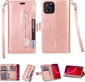 Voor iPhone 11 Pro Multifunctionele Rits Horizontale Flip Leren Case met Houder & Portemonnee & 9 Kaartsleuven & Lanyard (Rose Goud)