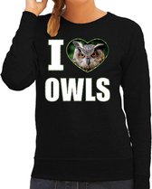 I love owls trui met dieren foto van een uil zwart voor dames - cadeau sweater uilen liefhebber 2XL
