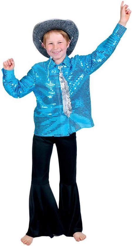 Kostuum | Disco Hemd Blauw | Jongens en meisjes| Maat 164 | Verkleedkleding