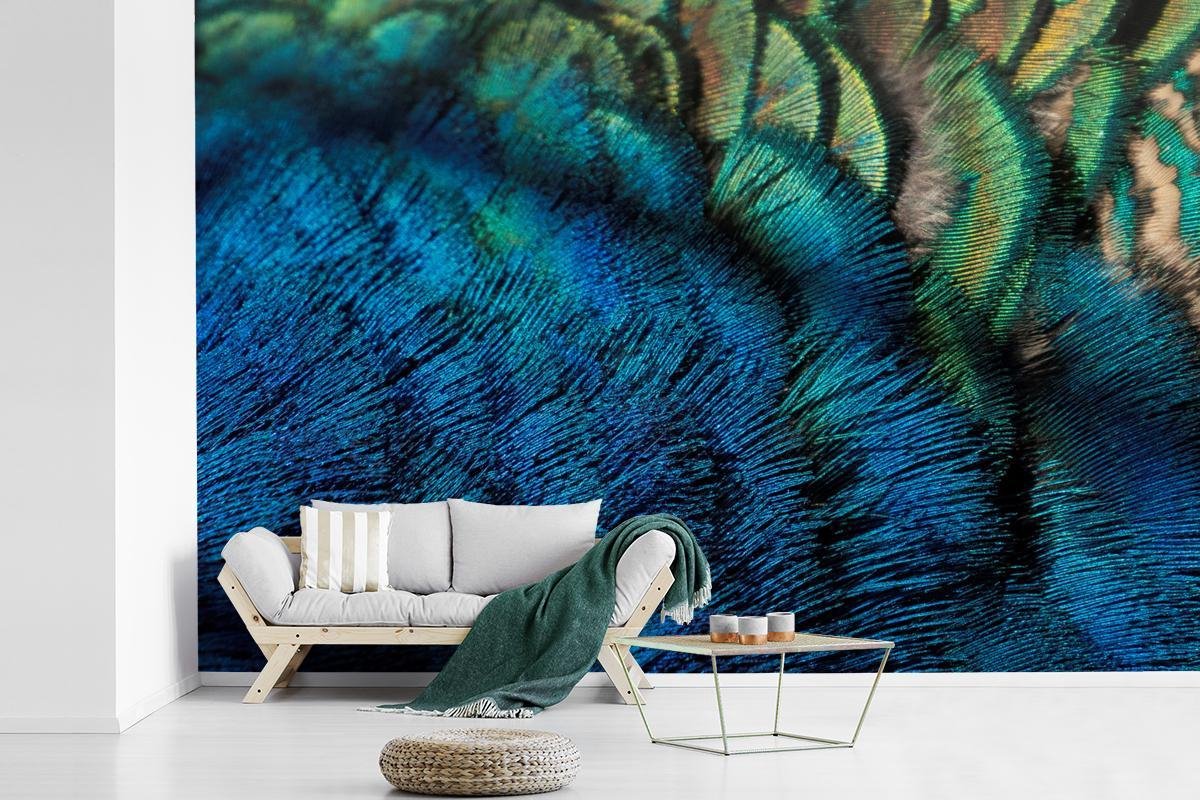 Behang - Fotobehang Pauwen veren van dichtbij in blauwtinten - Breedte 420  cm x hoogte... | bol.com