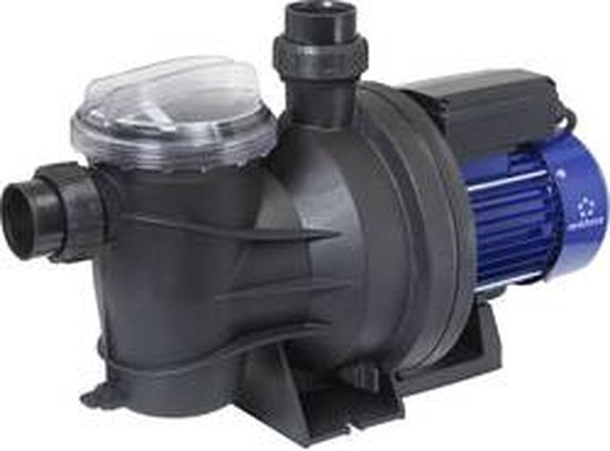 Pompe de piscine noire avec moteur bleu et couvercle transparent. Logo Renkforce.