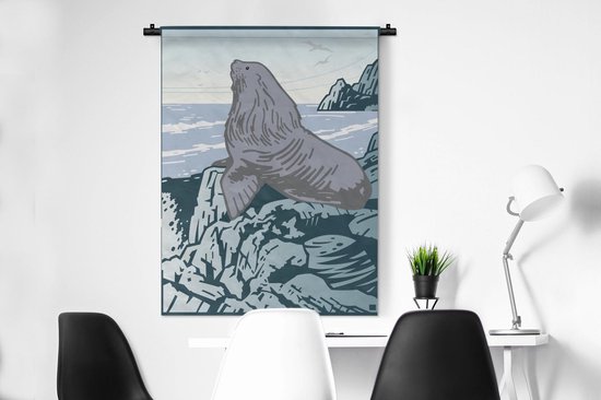 Tapisserie Illustration d'un lion de mer - Une illustration d'un lion de mer sur les rochers Tapisserie en coton 90x120 cm - Tapisserie avec photo