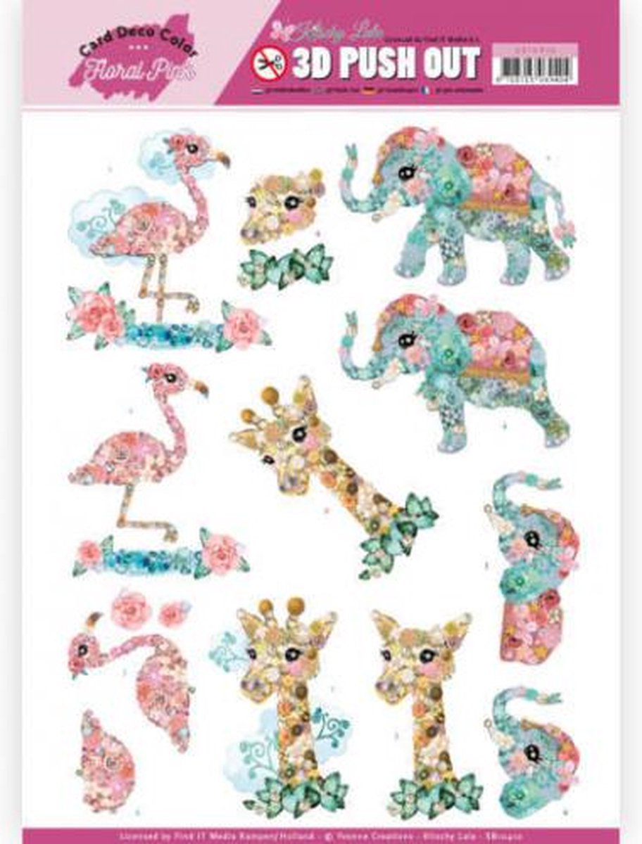 Flamingo, Giraffe, Olifant - Kitschy Lala Push-Out-vel van Yvonne Creations / Card Deco Color
