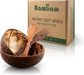 Kokos Schaaltjes Set met Houten Bestek | Set van Twee Houten Schaaltjes van Geüpcyclede Kokosnootschil | Acai Bowl | Buddha Bowl | Natuurlijke Kokos Schaaltjes| Ideaal Vegan Cadeau