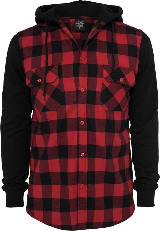 Urban Classics Overhemd Hooded Checked Flanell Sweat Sleeve Zwart/Rood