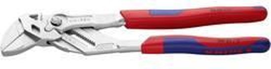 Knipex "86 05 250" waterpomptang met rode en blauwe handvatten.