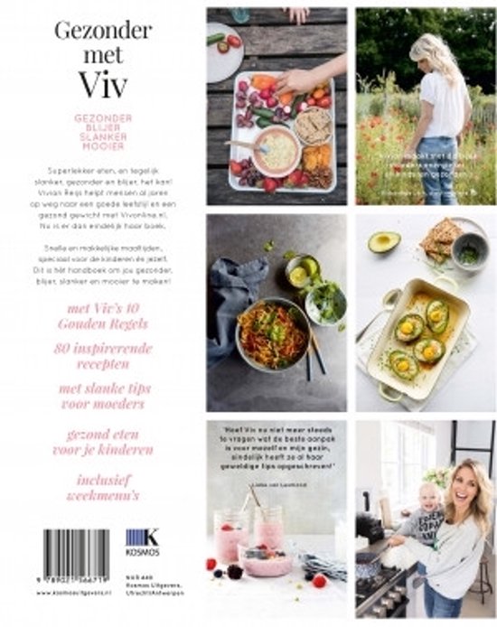 Collage van een boek met gezonde recepten: Viv Reijs met een maaltijd, gezonde snacks en een kindermaaltijd.