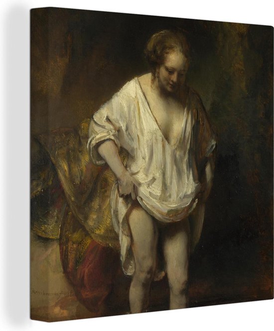 Canvas Schilderij Badende vrouw - Schilderij van Rembrandt van Rijn - 20x20 cm - Wanddecoratie