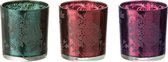 J-Line Theelichthouder Plantenmotief Glas Groen/Rood/Paars Small Assortiment Van 3