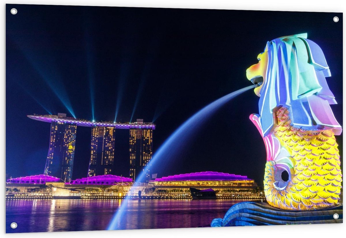 Tuinposter – Fontein in Merlion Park, Singapore - 120x80cm Foto op Tuinposter (wanddecorat