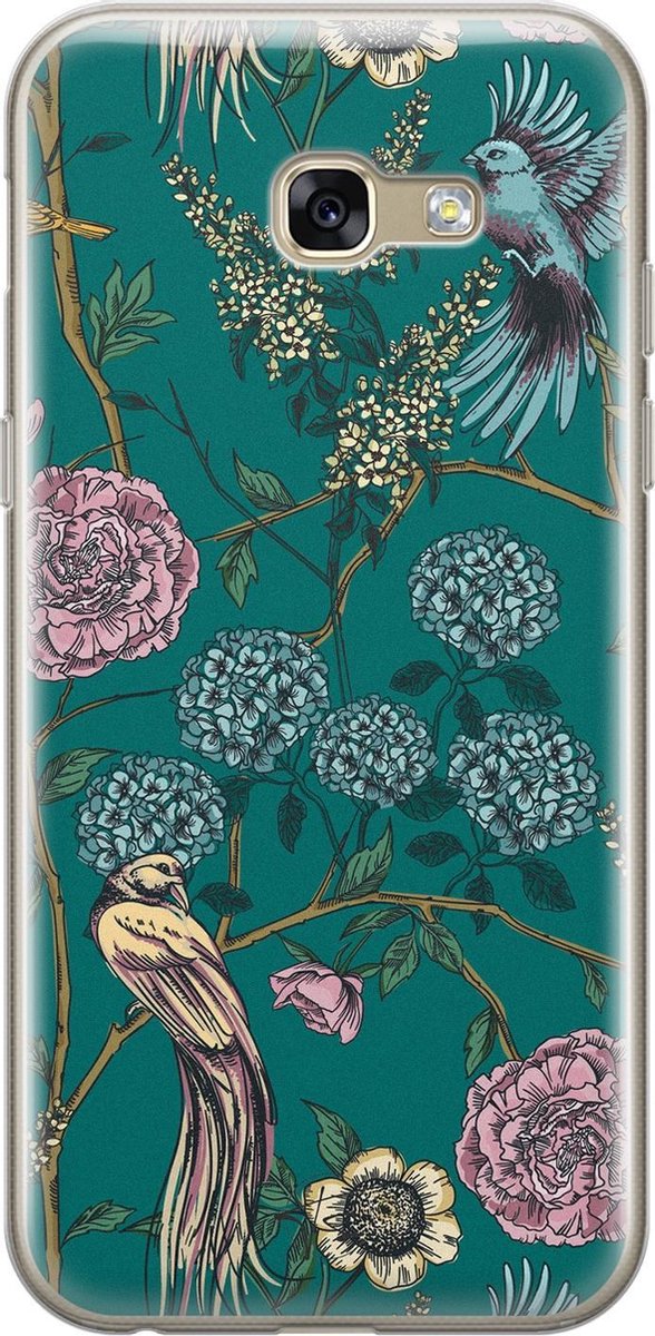Samsung Galaxy A5 2017 siliconen hoesje - Vogels Japanse bloemen - Soft Case Telefoonhoesje - Blauw - Bloemen