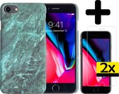 Hoes voor iPhone SE 2020 Hoesje Marmer Case Groen Hard Cover Met 2x Screenprotector - Hoes voor iPhone SE 2020 Case Marmer Hoesje Back Cover - Groen