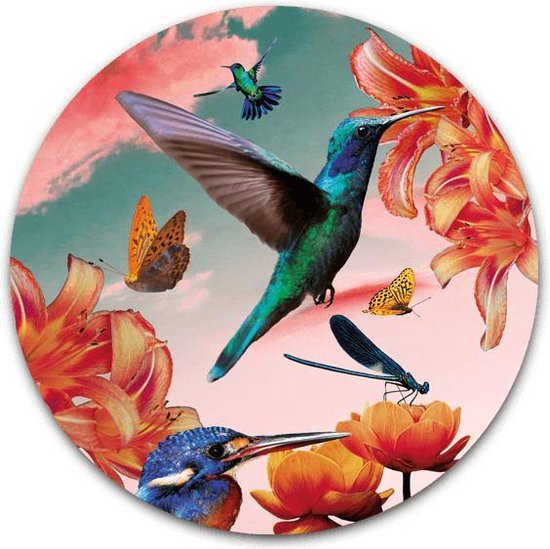 Wandcirkel Kleurrijke kolibries met bloemen - WallCatcher | Acrylglas 60 cm | Rond schilderij | Muurcirkel Hummingbirds with flowers