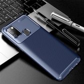 Voor Galaxy A21s Carbon Fiber Texture Shockproof TPU Case (Blauw)