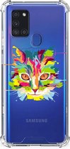 Silicone Case Geschikt voor Samsung Galaxy A21s Smartphone hoesje met doorzichtige rand Cat Color