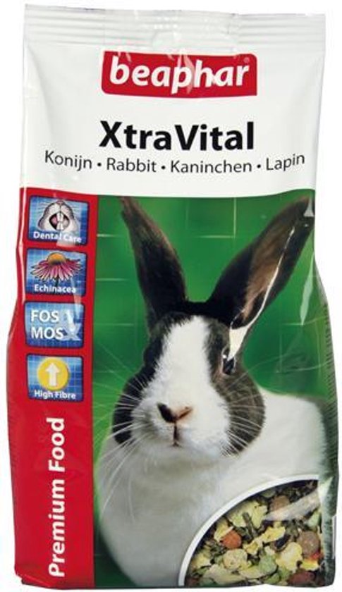 Beaphar XtraVital konijnenvoer met illustraties van gebitsverzorging, echinacea, FOS/MOS en hoge vezels.