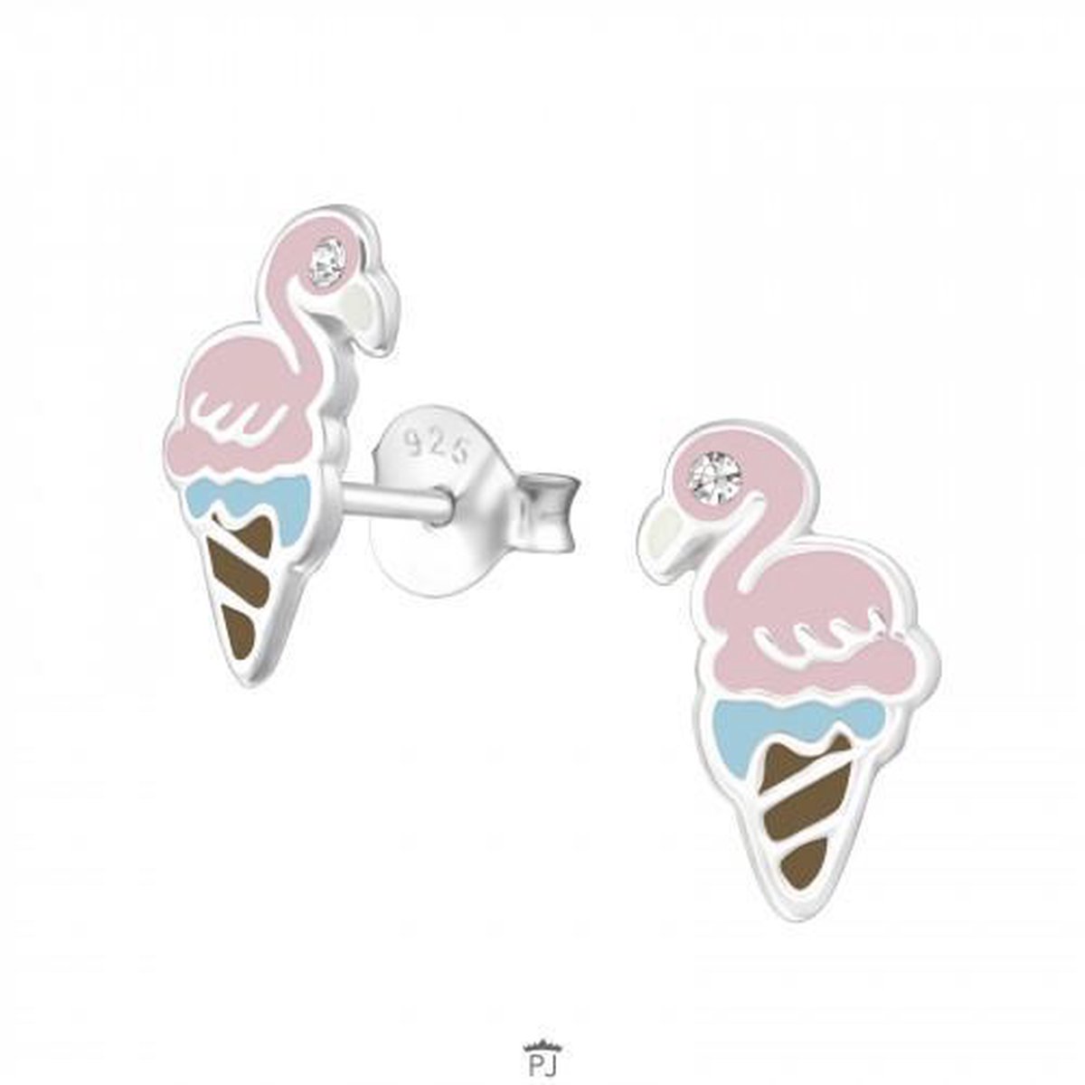 Oorbellen meisje | Zilveren kinderoorbellen | Zilveren oorstekers, ijsjes met flamingo’s