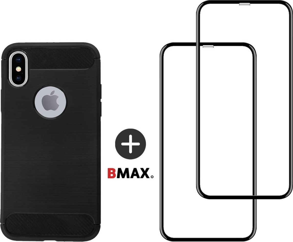 BMAX Telefoonhoesje geschikt voor iPhone XS - Carbon softcase hoesje zwart - Met 2 screenprotectors full cover