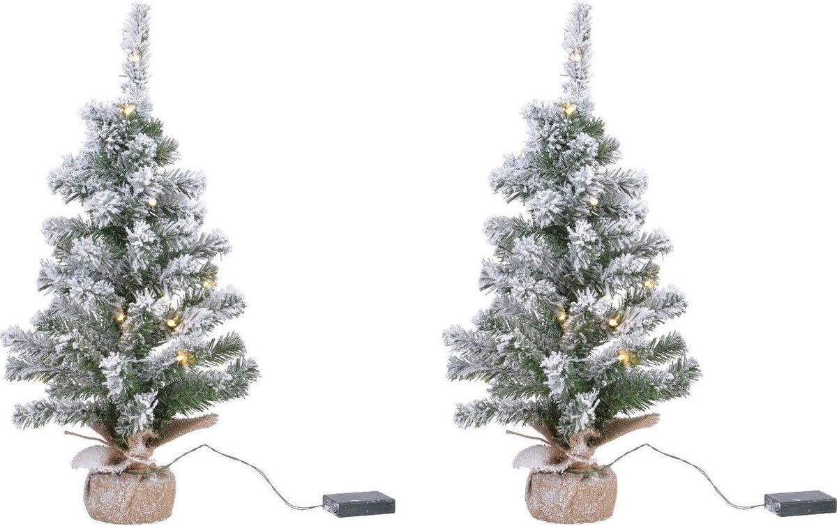 2x stuks kunstboom/kunst kerstboom met sneeuw en licht 75 cm - Kunst kerstboompjes/kunstboompjes met kerstverlichting