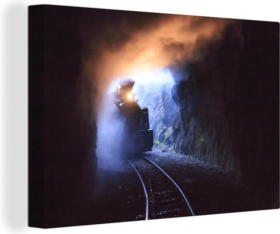 Stoomlocomotief komt een tunnel binnen Canvas 30x20 cm - klein - Foto print op Canvas schilderij (Wanddecoratie woonkamer / slaapkamer)