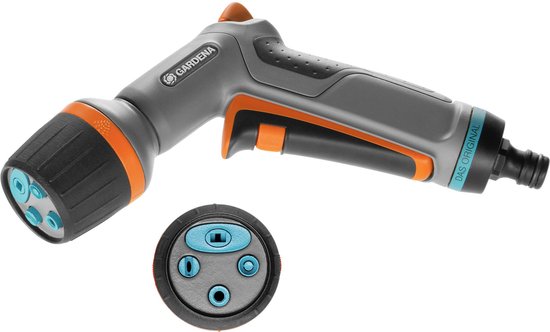 GARDENA Comfort EcoPulse spuitpistool, grijs met oranje accenten en vijf spuitstanden.