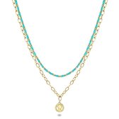 Twice As Nice Halsketting in goudkleurig edelstaal, munt, turquoise kristallen 38 cm+5 cm
