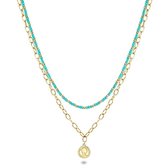 Twice As Nice Halsketting in goudkleurig edelstaal, munt, turquoise kristallen 38 cm+5 cm