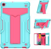 Voor Samsung Galaxy Tab A10.1 (2019) T510 T-vormige beugel Contrastkleur Schokbestendig pc + siliconen platte beschermhoes (mintgroen + roze rood)