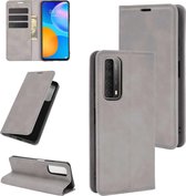 Voor Huawei P smart 2021 Retro-skin Business magnetische zuignap lederen tas met houder & kaartsleuven & portemonnee (grijs)