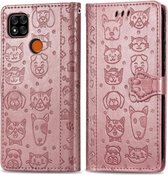 Voor Xiaomi Redmi 9C Leuke Kat en Hond Reliëf Horizontale Flip Leren Case met Houder & Kaartsleuven & Portemonnee & Lanyard (Rose Goud)