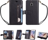 Voor Samsung Galaxy J3 (2018) / Galaxy J7 (2018) Multifunctionele Rits Horizontale Flip Leren Case met Houder & Portemonnee & 9 Kaartsleuven & Lanyard (Zwart)