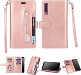 Voor Samsung Galaxy A50 / A50s / A30s Multifunctionele Rits Horizontale Flip Leren Case met Houder & Portemonnee & 9 Kaartsleuven & Lanyard (Rose Goud)