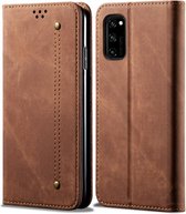 Voor Huawei Honor 30S denim textuur casual stijl horizontale flip lederen tas met houder & kaartsleuven & portemonnee (bruin)