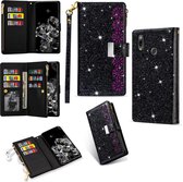 Voor Samsung Galaxy M40 / A60 Multi-kaartsleuven Sterrenhemel Laser Carving Glitter Rits Horizontale Flip Leren Case met Houder & Portemonnee & Lanyard (Zwart)