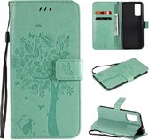 Voor Huawei Honor 30 Tree & Cat reliÃ«fpatroon Horizontale flip lederen tas met houder & kaartsleuven & portemonnee & lanyard (groen)